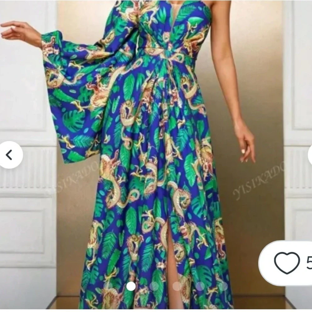 New Giffniseti Dragon Shoulder Bridesmaid Maxi Dress Gown Kimono Blue Orange - Picture 7 of 15